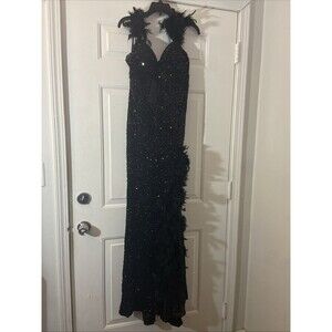 NWT LuvIsTrue Black Sequin Formal Dress Gown Feather Trim Size Large